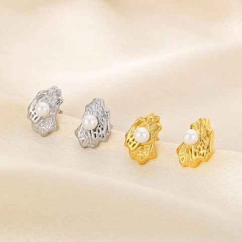 Pendientes De Botón Con Textura Plegada Irregular De Acero Inoxidable Con Perla Artificial De Concha Joyería Geométrica Elegante Para Mujer