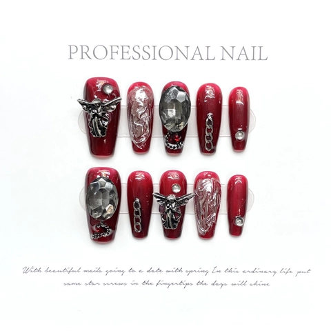 Coffin Press On Nails Dark Lolita Dunkelrot Gothic Stil Mit Silbernem Engel Schmetterling Strass Ketten Für Frauen