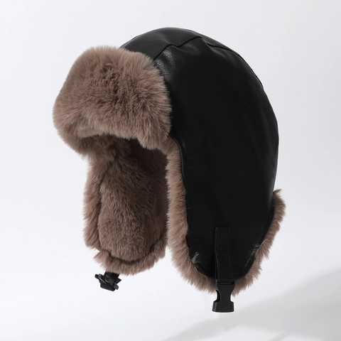 Colbacco Invernale Pelle PU Foderato In Pelliccia Sintetica Antivento Cappello Da Aviatore Con Paraorecchie Per Freddo
