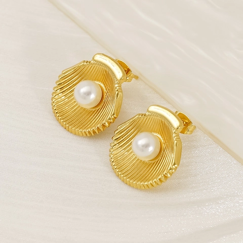Orecchini A Lobo Con Conchiglia E Perla Artificial Acciaio Inossidabile Placcato Oro 18K Texture A Coste Per Donna Gioielli Da Spiaggia