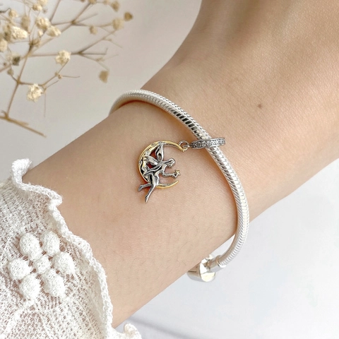 Charm Fata Della Luna In Argento Sterling 925 Pendente Angelo Stella Bicolore Placcato Oro Con Zirconi Cubici DIY
