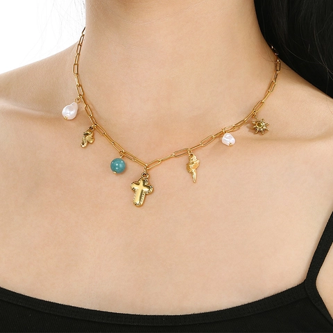 Collana Multi Pendente Tema Oceano Acciaio Inossidabile Placcato Oro Con Perla Artificial Sintetica Delfino Stella Marina Per Donna
