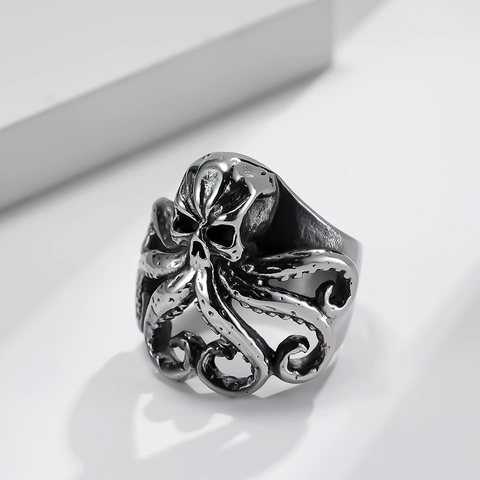 Anillo de Calavera de Pulpo de Acero Inoxidable Vintage para Hombre Estilo Gótico Punk Cthulhu Tentáculo Animal Joyería