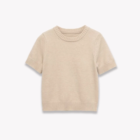 Top De Punto Con Cuello Redondo Y Manga Corta Para Mujer Poliéster Acrílico Color Sólido Suéter Suave Color Avena