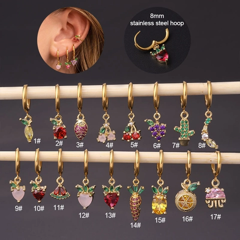 Edelstahl Creolen Mit Kupfer Zirkonia Fruchtanhänger Bunte Erdbeere Ananas Schmuck Für Damen