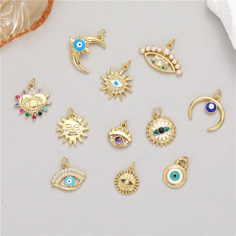 Evil Eye Sonne Mond Herz Charms Kupfer 14K Vergoldet Zirkon Künstliche Perle Emaille Für DIY Schmuckherstellung Anhänger