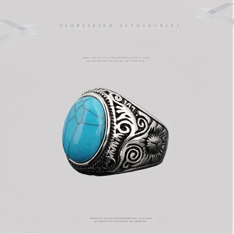 Vintage Heren Roestvrijstalen Ring Met Ovalen Edelsteen Retro Gegraveerd Bloemenpatroon Punk Etnische Stijl Sieraden