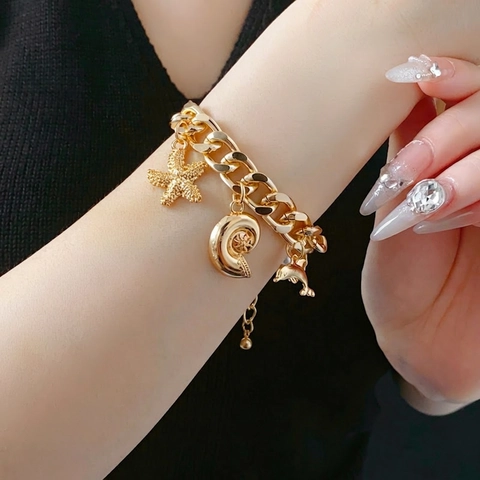 Bracciale Con Ciondoli Oceano Oro Lega Perla Artificial Imitazione Stella Marina Delfino Catena A Maglia Robusta Gioiello Donna