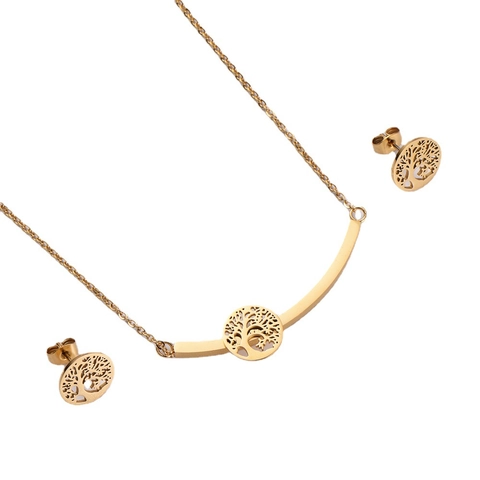 Collana E Orecchini Albero Della Vita Pendente Rotondo Cavo Acciaio Inossidabile Gioielli Eleganti Per Donne