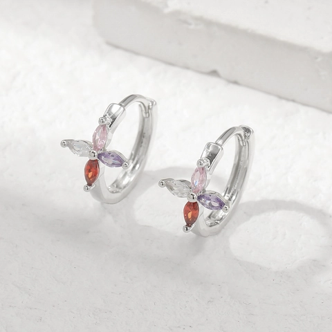 Colorful Marquise Zircon Flower Huggie Earrings Copper Silver Tone Trendy Leaf Design Jewelry For Women