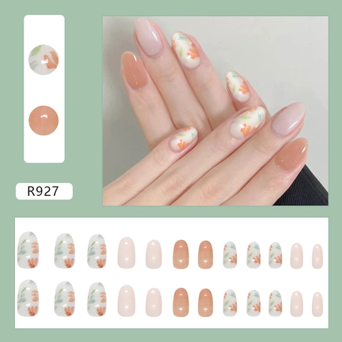 Press On Nails Elegant Floral Print Oval Shape ABS Glossy Artificial False Nails For Women