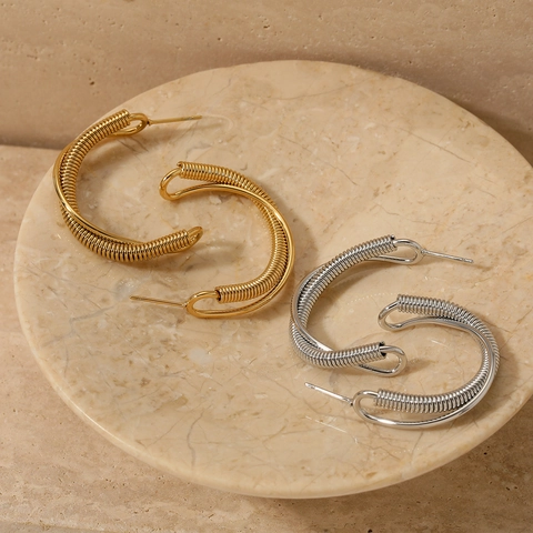 Stainless Steel C-Shaped Hoop Earrings For Women Unique Spiral Winding Industrial Style Gold And Silver Tone Jewelry
