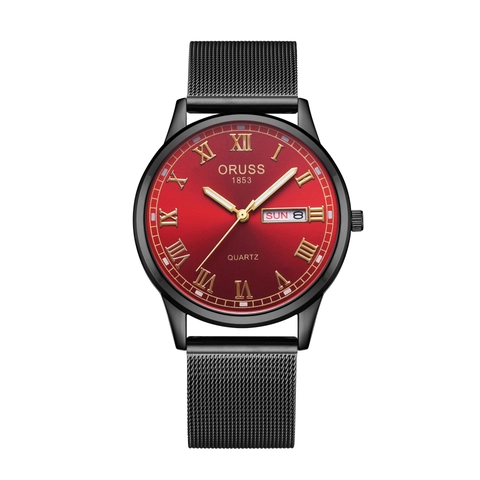 Men Quartz Watch Stainless Steel Mesh Band Dual Calendar Date Day Luminous Waterproof Business Fashion Wristwatch