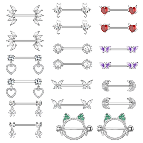 Stainless Steel Nipple Rings Heart Butterfly Cat Moon Zircon Inlaid Barbell Body Piercing Jewelry For Women Decorative