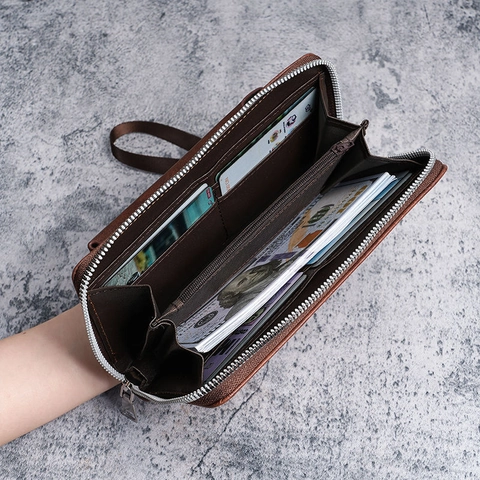 Herren Geldbörse Lang PU Leder Reißverschluss Viele Kartenfächer Handyfach Handschlaufe Business Casual Vintage Clutch