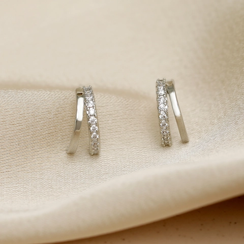 Orecchini a Bottone in Zirconia Minimalisti per Donna Con Perno in Argento Sterling 925 Rame Elegante Gioiello Geometrico a Doppia Fila