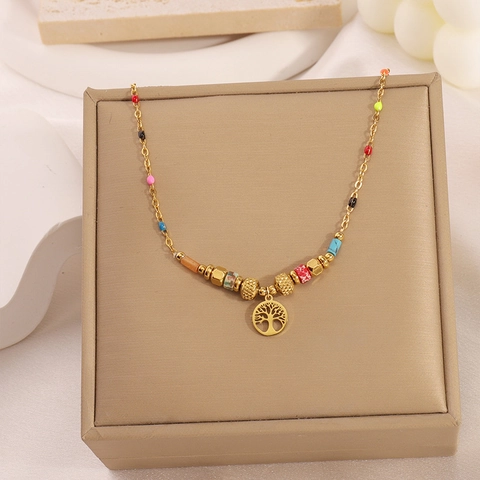 Stainless Steel Tree Of Life Bracelet Colorful Beaded Gold Plated Adjustable Chain Bohemian Fashion Jewelry For Women Gift