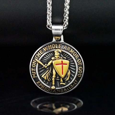 Retro Medieval Knight Shield Cross Stainless Steel Pendant Necklace Biblical Verse Ephesians Armor Of God Religious Jewelry