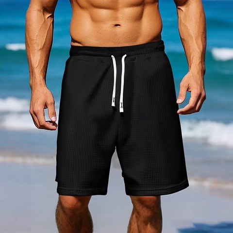 Men's Waffle Fabric Casual Shorts Quick Dry Drawstring Elastic Waist Summer Solid Color