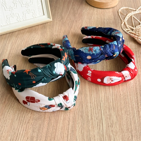 Christmas Knotted Wide Headband Fabric Santa Claus Xmas Tree Printed Festive Holiday Party Hair Accessories For Women