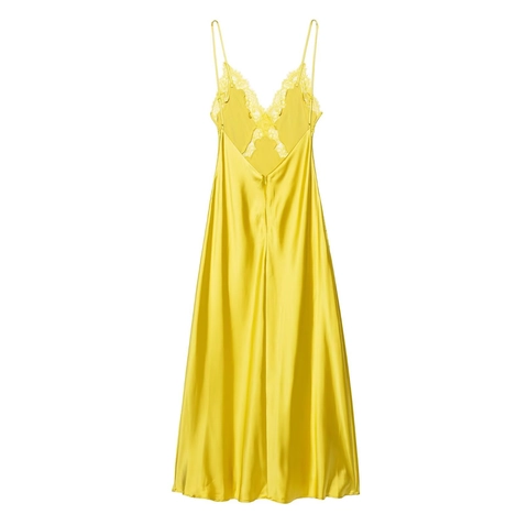 Vestito Maxi In Raso Giallo Spalline Sottili Scollo A V Bordo In Pizzo Senza Maniche Elegante Sexy Vacanza Abito Lungo Donna
