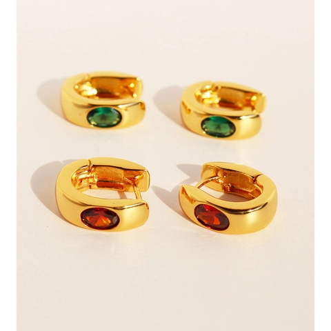 Vintage Brass Oval Zirconia Hoop Earrings For Women Gold Plated Emerald Ruby Color Small U-Shaped Elegant Jewelry Accessories