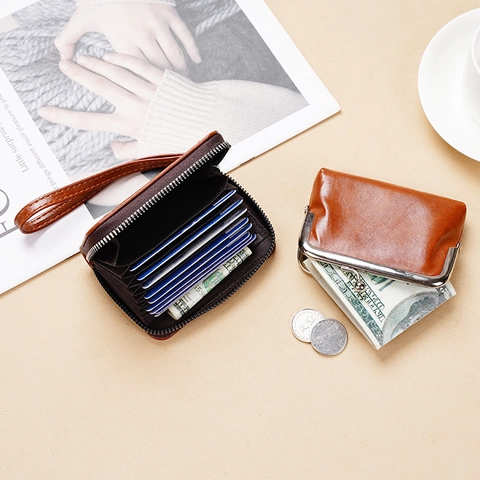 Vintage Women Coin Purse PU Leather Small Wallet With Metal Kiss Lock And Wristlet Strap Retro Oil Wax Texture Zipper Pocket
