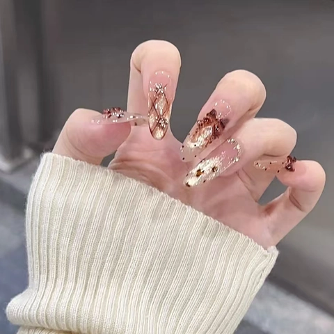 Lange Mandelform Aufpressnägel Braun Creme Leopardenmuster Punktmuster 3D Bogen Strass Glitzer ABS Kunststoff DIY Maniküre Für Damen