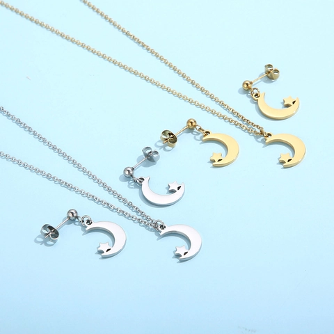 Collar Y Pendientes De Luna Y Estrella De Acero Inoxidable Para Mujer Joyería De Moda Minimalista Estilo Celestial Pulido