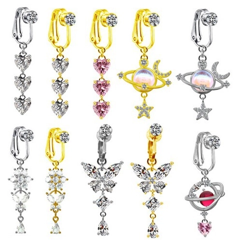 Fake Belly Ring Clip On Non Piercing Heart Butterfly Zinc Alloy Rhinestone Body Jewelry For Women Fashion