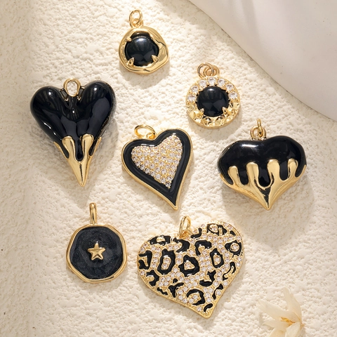 Gold Plated Copper Heart Star Pendants Black Enamel Zircon DIY Jewelry Making Findings Accessories Elegant Fashion