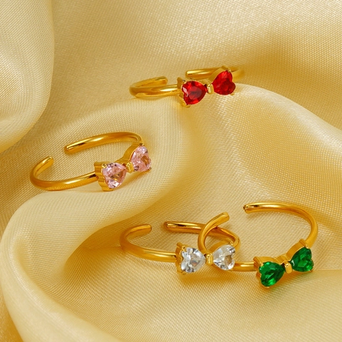 Roestvrijstalen Ring 18K Verguld Zirkoon Hart Strik Verstelbare Open Vingerring Mode-Sieraden Voor Vrouwen