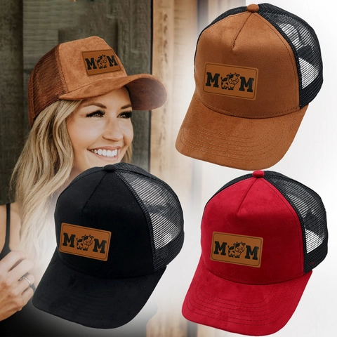 Casquette Trucker Vintage En Suédine Et Maille Respirante Mom Dad Patch En Cuir Graphique Vache Pare-Soleil Pour Parents