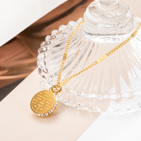 Collana Con Ciondolo In Acciaio Inossidabile Doppia Faccia Fu Xi Buona Fortuna Simbolo Di Felicità Placcato Oro Zircone