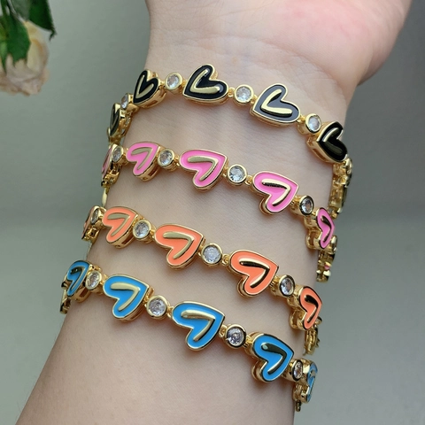 Heart Shaped Colorful Enamel Bracelet Copper 18K Gold Plated Zircon Micro Inlay Jewelry For Women Chic Style