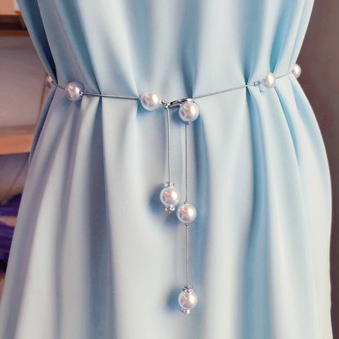 Faux Artificial Pearl Waist Chain Belt For Women Thin Alloy Metal Long Tassel Elegant Decorative Dress Accessory Sweet Style