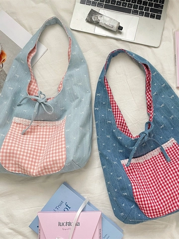 Borsa A Spalla In Denim Con Stampa Fiocco Stile Coreano Tasca Gingham Bordo In Pizzo Grande Capacità Colore A Contrasto