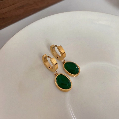 Emerald Green Earrings Titanium Steel French Vintage Gold Plated Geometric Dangle Studs Elegant Jewelry For Women