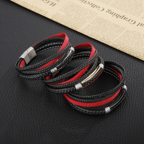 Men Multi-Layer Braided Leather Bracelet With Stainless Steel Magnetic Clasp Casual Woven Cord Wristband Jewelry