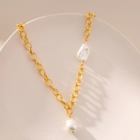 Collar con Colgante de Perla Artificial Irregular Francés Elegante Latón Chapado en Oro de 18K Cadena en O Joyería de Mujer