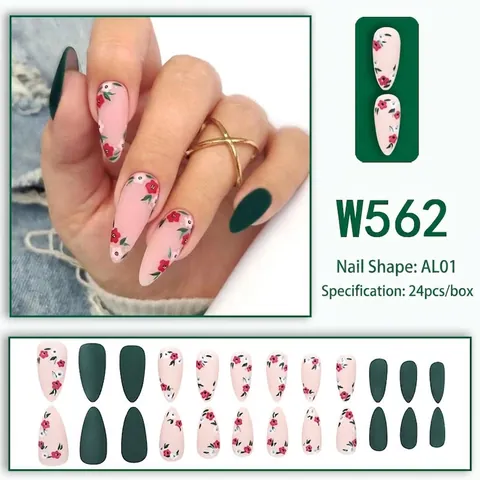 Ongles À Presser Forme Amande Vert Foncé Mat Motif Floral Rose Style Élégant Et Rafraîchissant Décoration De Manucure
