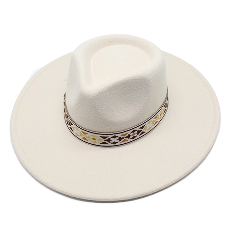 Wide Brim Fedora Hat Vintage Ethnic Embroidered Band Cotton Polyester Felt Jazz Cap For Men Women Casual Outdoor