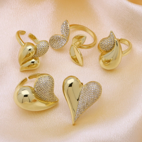 Anillo Abierto Ajustable Cobre Circonita Corazón Mariposa Gota Agua Joyería Minimalista Regalo Para Mujeres Color Oro