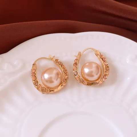 Pendientes De Aro En Forma De U Con Perla Artificial Y Diamantes De Imitación De Aleación Dorada Joyería Elegante Para Mujer