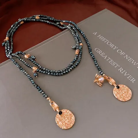 Collier Longue Chaîne De Pull Multi-Rangs Vintage Avec Künstliche Perles En Verre Bleues Pendentifs Abeille Pièce En Alliage Strass Et Künstliche Perle D'Imitation