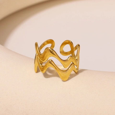 Double Layer Wave Ring Stainless Steel Gold Plated Geometric Open Adjustable Minimalist Fashion Jewelry For Women