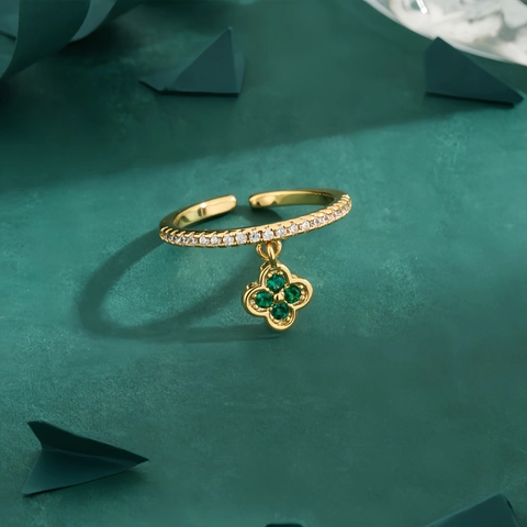Copper Emerald Zircon Open Ring With Dangling Green Clover Pendant Gold Tone Dainty Adjustable Jewelry For Women