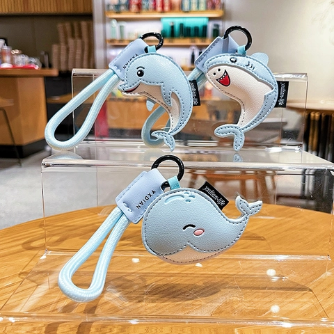 Cute Marine Animal Leather Keychain Cartoon Dolphin Whale Shark Bag Charm Pendant PU Leather With Metal Ring Lanyard