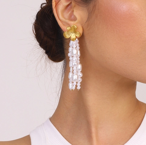 Orecchini Nappa Künstliche Perle Barocche Acciaio Inossidabile Fiore Pendenti Eleganti Gioielli Retro Francesi Per Donne