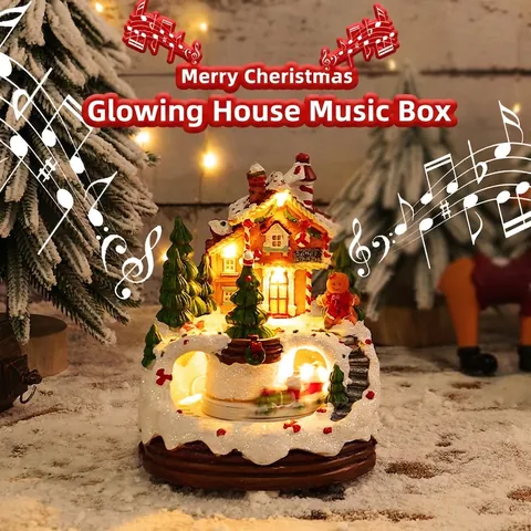 Luminous Christmas Resin House Music Box LED Night Light Gingerbread Shop With Rotating Train For Festive Table Ornament Gift